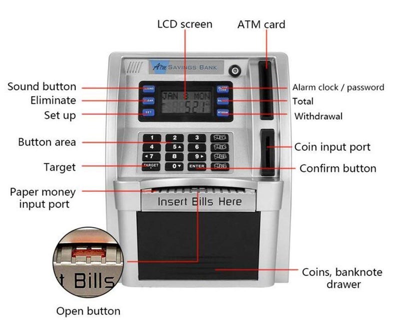 LB 2024 Upgraded ATM Piggy Bank for Real Money ATM Savings Bank Machine for Kids Adults with Card Mini ATM Money Machine Coin Bill Feeder Educational Toy Christmas Birthday Gift(Silver/Black) - Image 2